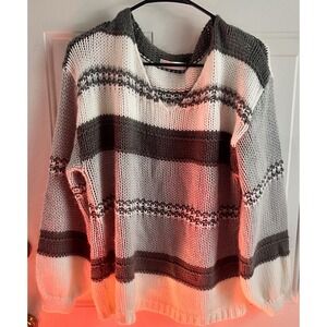 Angashion Striped V Neck Oversized Knit Sweater Gray White Casual‎ Pullover